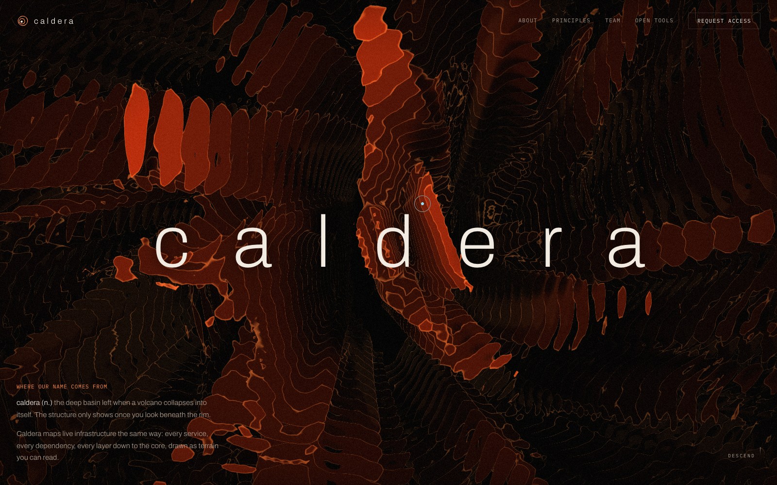 Caldera — a studio concept: a venture capital site built around a molten descent